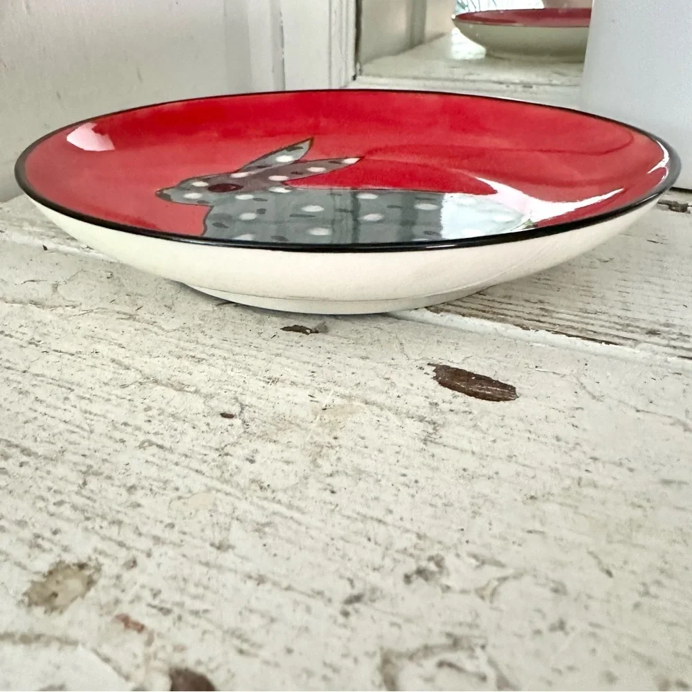 3/$22🩶 West Elm Bunny Rabbit Red Plate 6.25” Handpainted Polka Dot Animal Salad